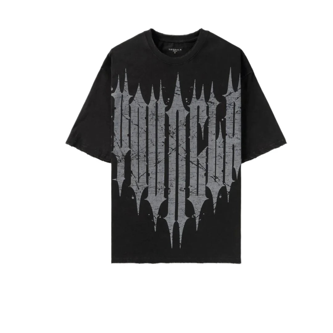 Black t-shirt featuring a bold graphic design, showcasing style and comfort for active lifestyles.